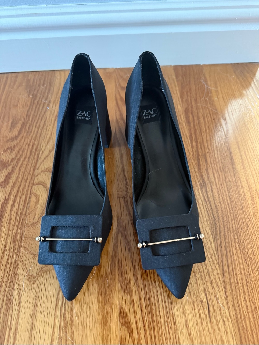 ZAC Zac Posen Black Pointed Toe Buckle Block Heels